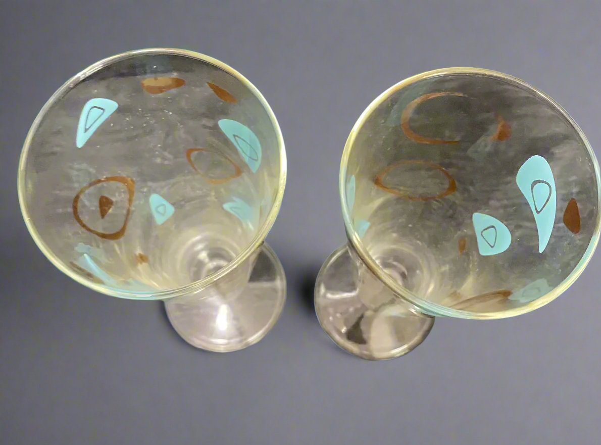 1950s Turquoise Gold Federal Atomic Amoeba Boomerang Stemware Glasses - HLJ at Home1950s Turquoise Gold Federal Atomic Amoeba Boomerang Stemware GlassesStemwareFederal Glass