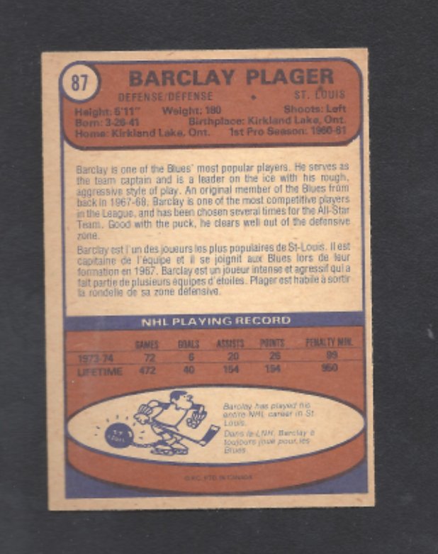 1974 - 1975 O - Pee - Chee Barclay Plager St. Louis Blues Hockey Card #87