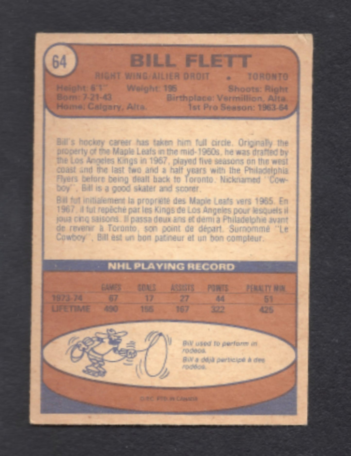 1974 - 1975 O - Pee - Chee Bill Flett Toronto Maple Leafs Hockey Card #64