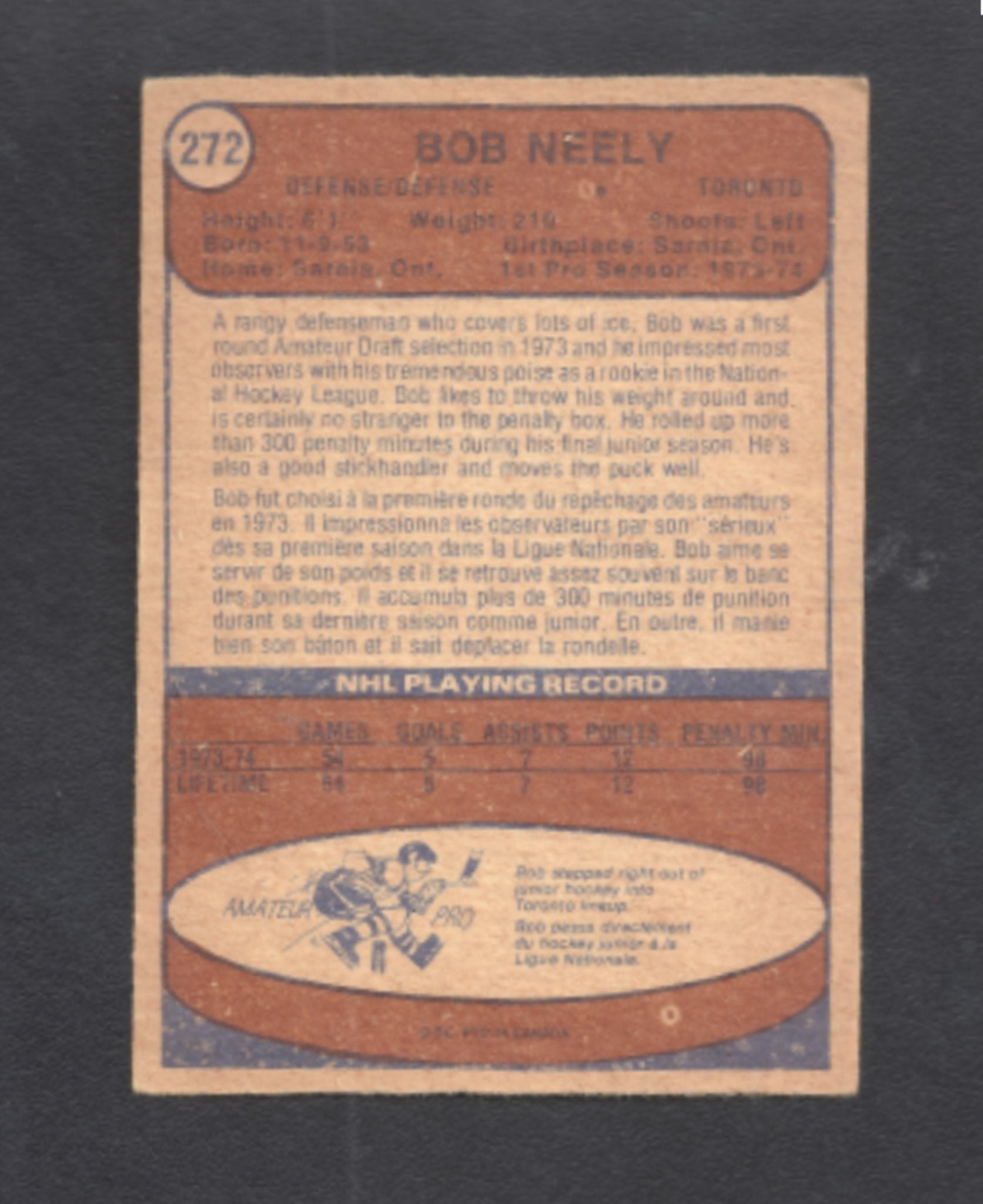 1974 - 1975 O - Pee - Chee Bob Neely Toronto Maple Leafs Hockey Card #272