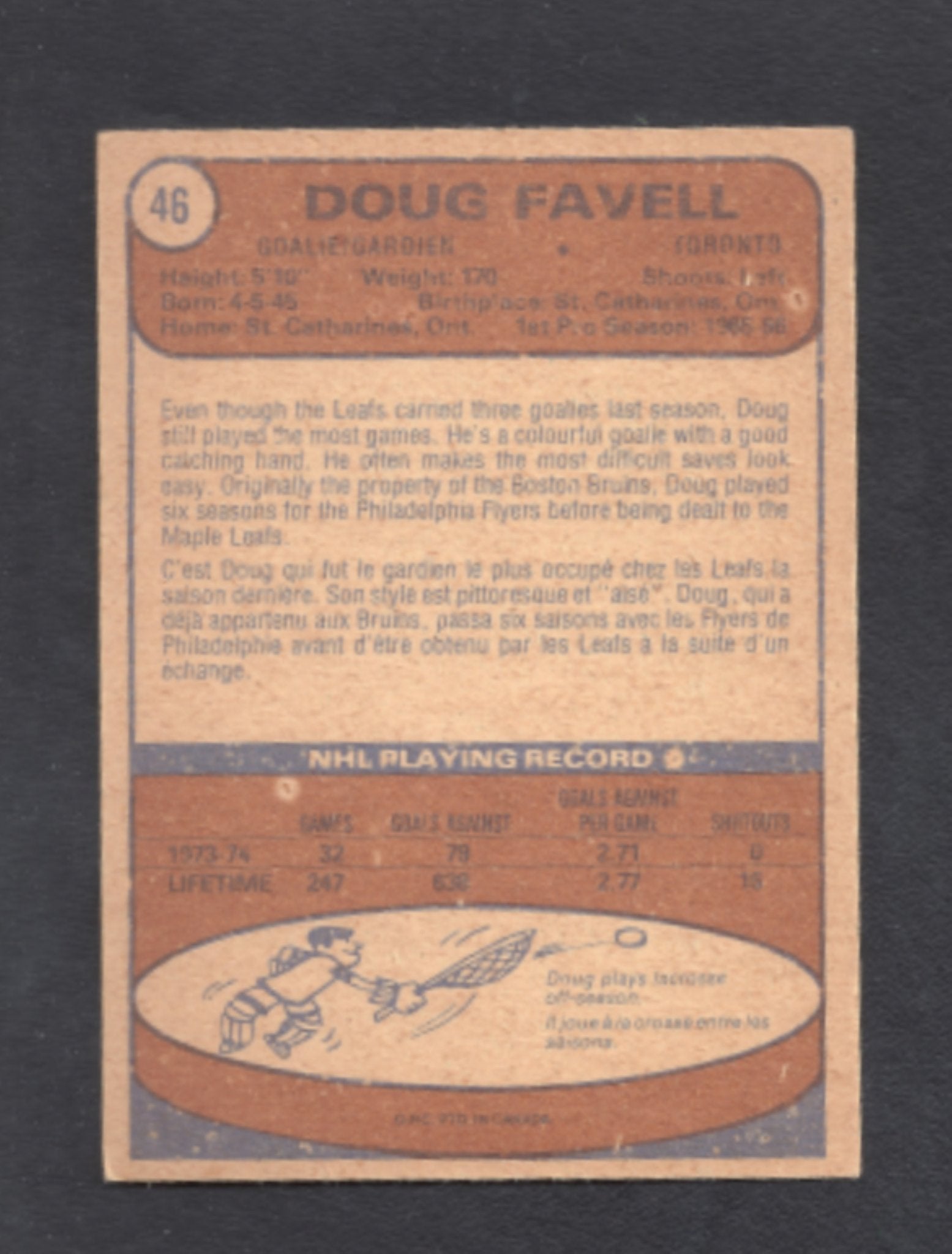 1974 - 1975 O - Pee - Chee Doug Favell Toronto Maple Leafs Hockey Card #46