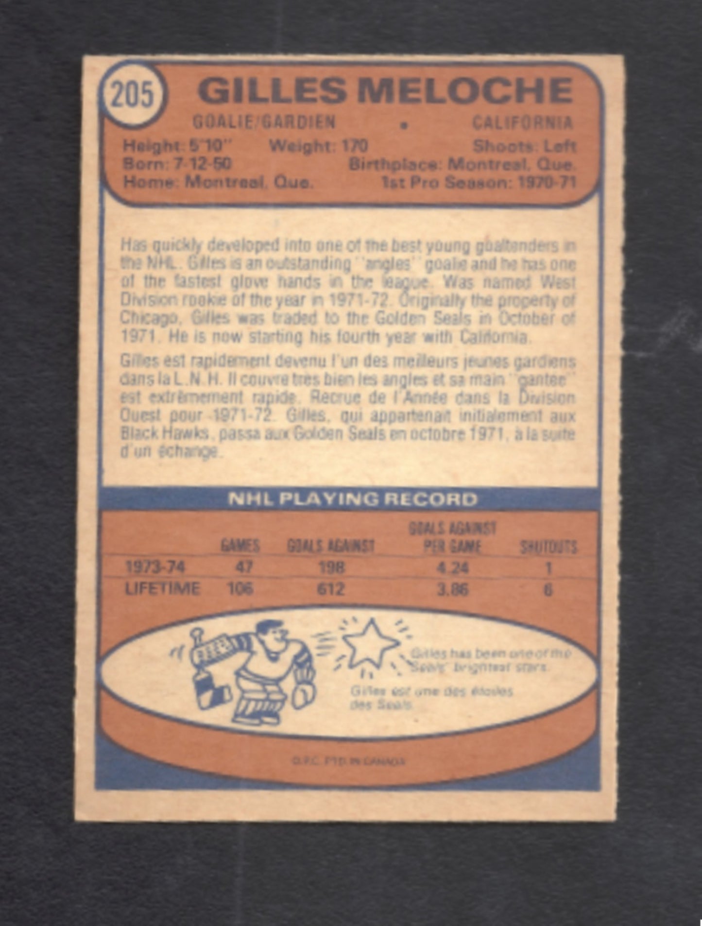 1974 - 1975 O - Pee - Chee Gilles Meloche California Golden Seals Hockey Card #205