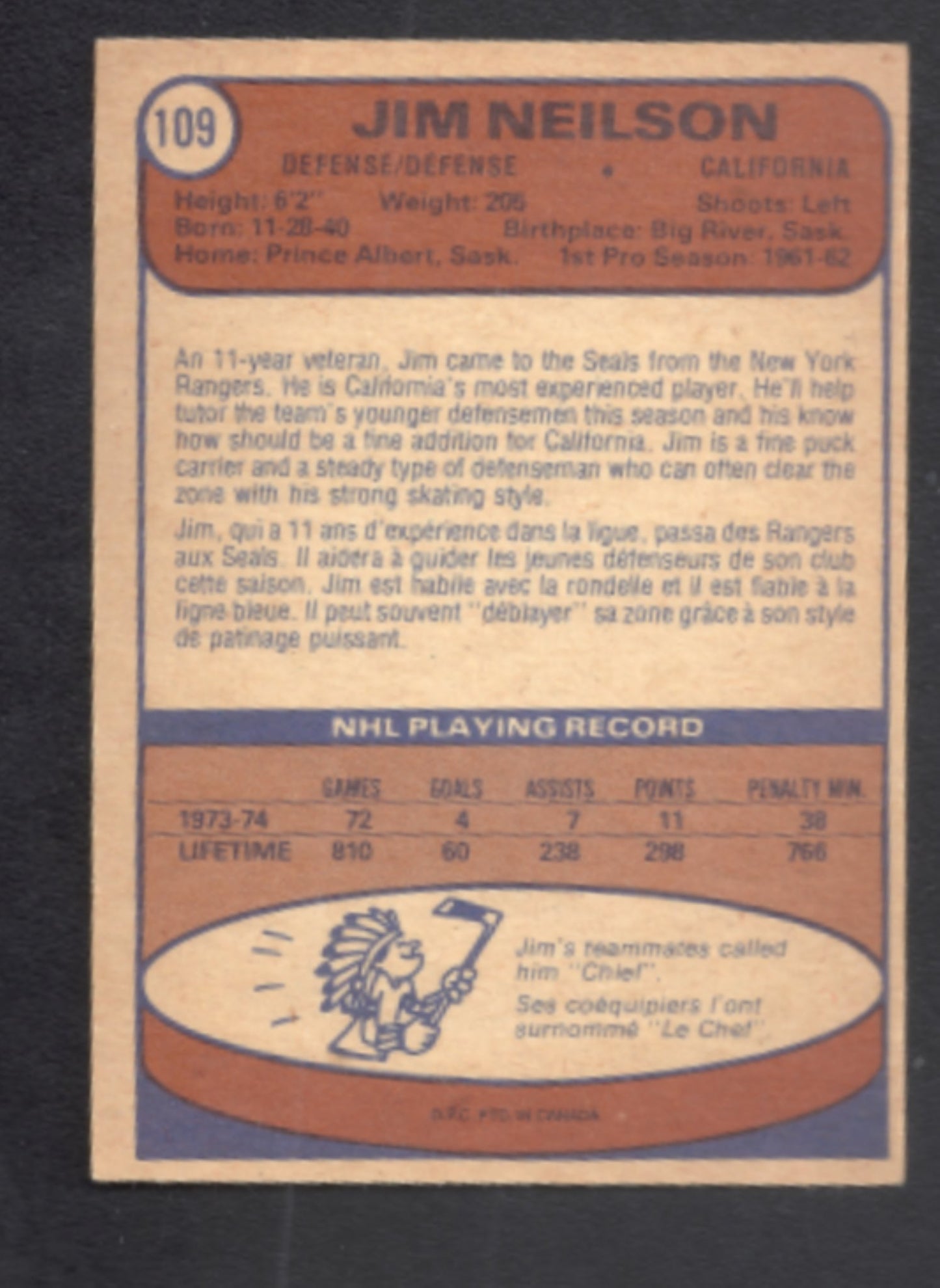 1974 - 1975 O - Pee - Chee Jim Neilson California Golden Seals Hockey Card #109