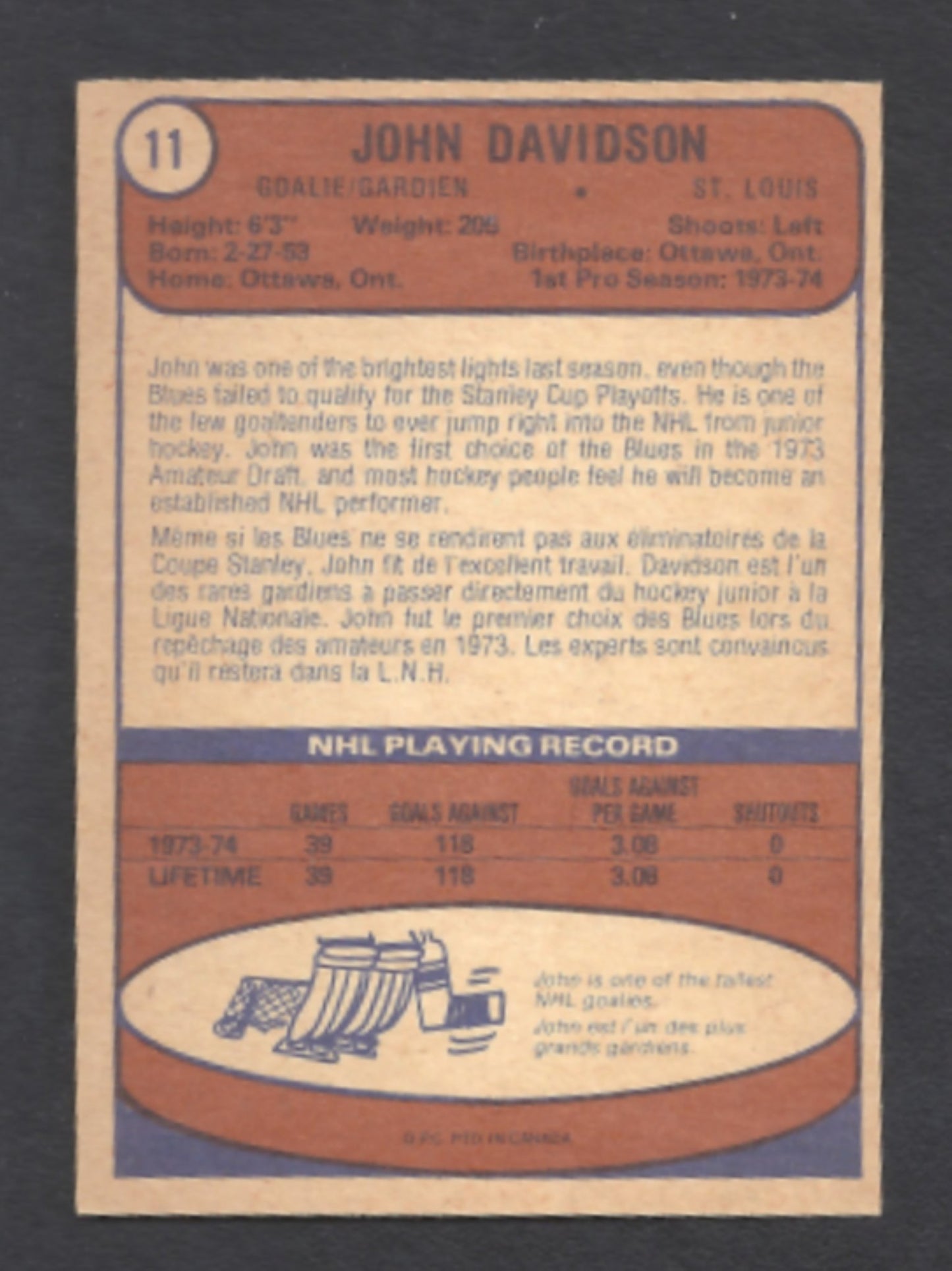 1974 - 1975 O - Pee - Chee John Davidson St. Louis Blues Rookie Card #11