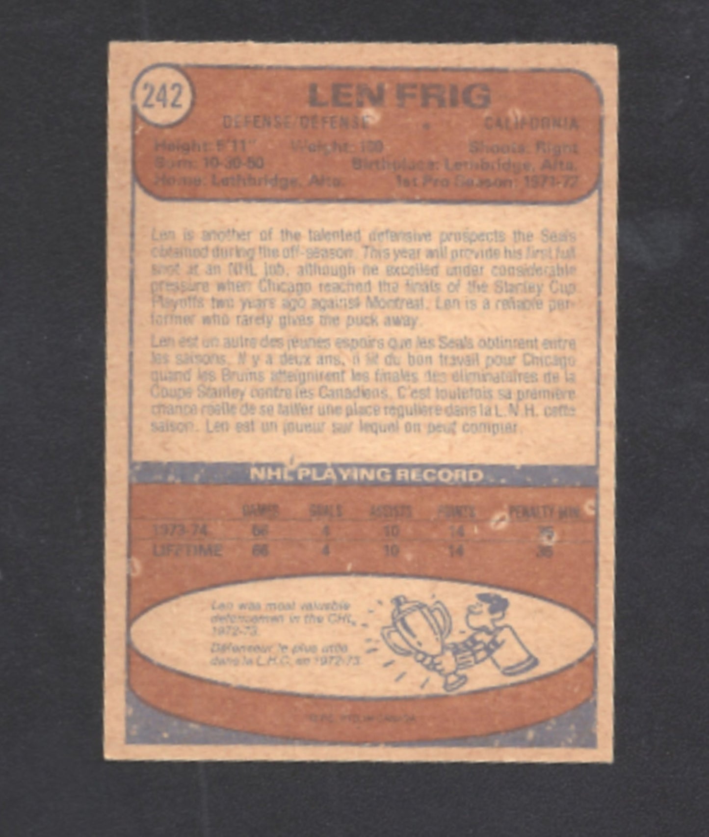 1974 - 1975 O - Pee - Chee Len Frig California Golden Seals Hockey Card #242