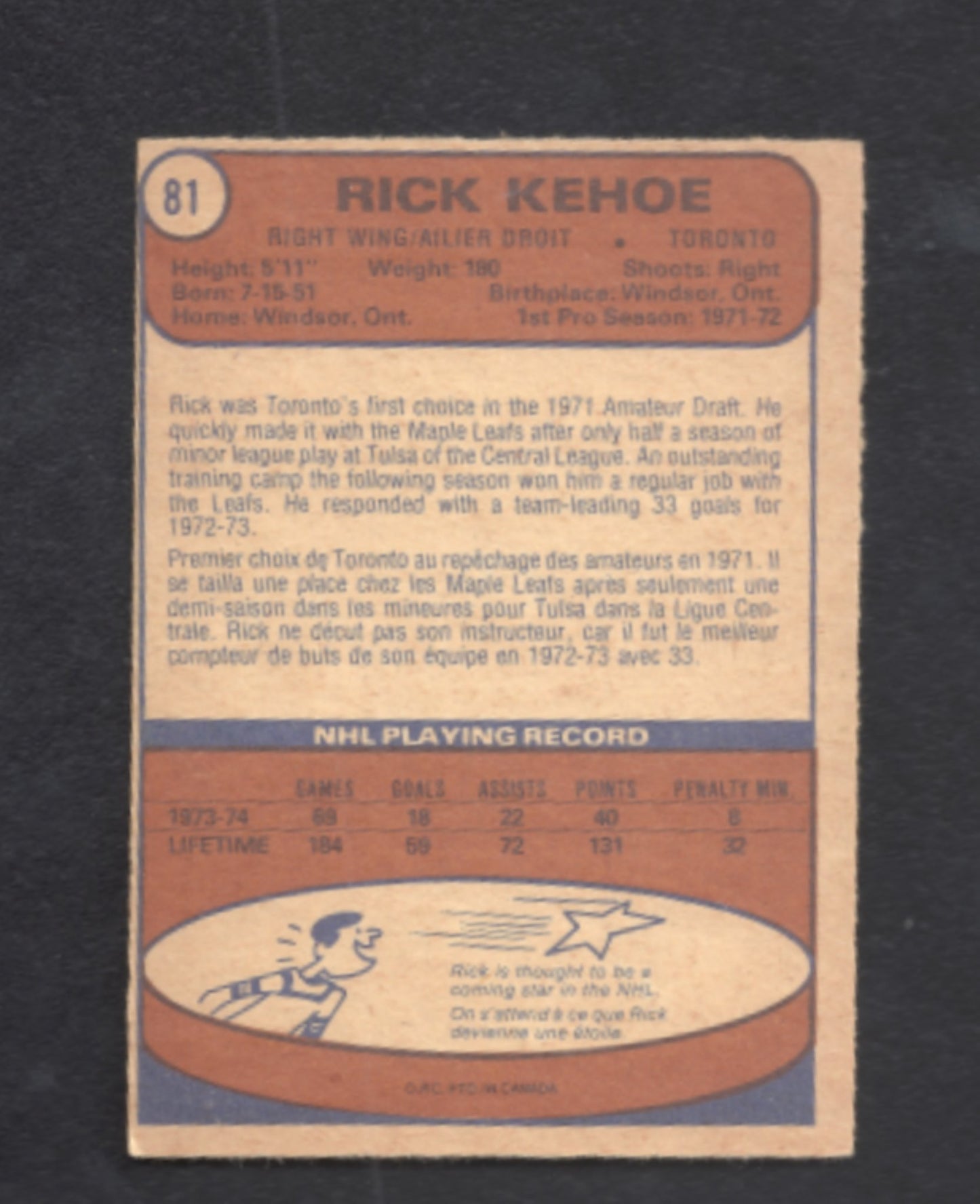 1974 - 1975 O - Pee - Chee Rick Kehoe Toronto Maple Leafs Hockey Card #81