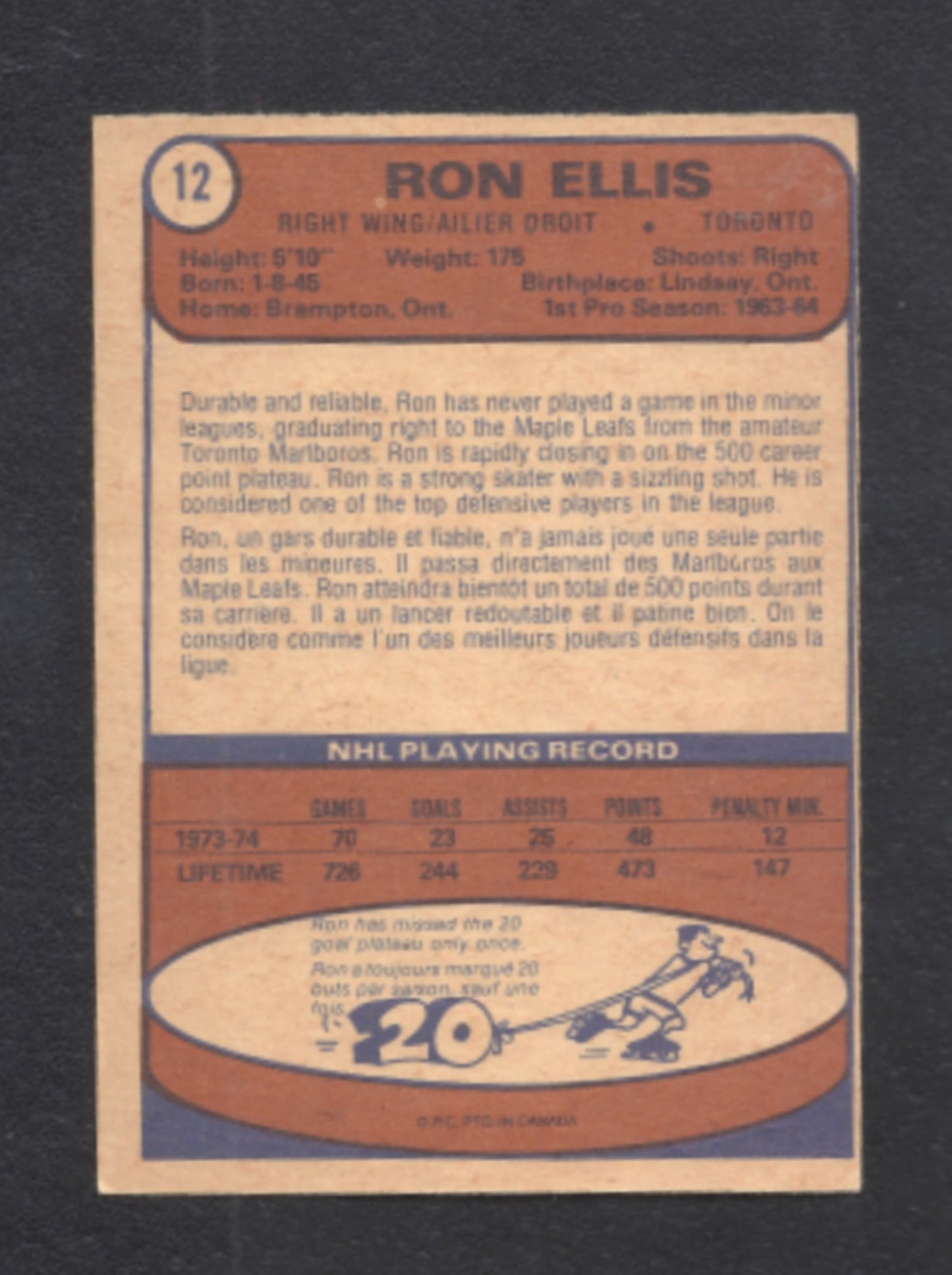 1974 - 1975 O - Pee - Chee Ron Ellis Toronto Maple Leafs Hockey Card #12