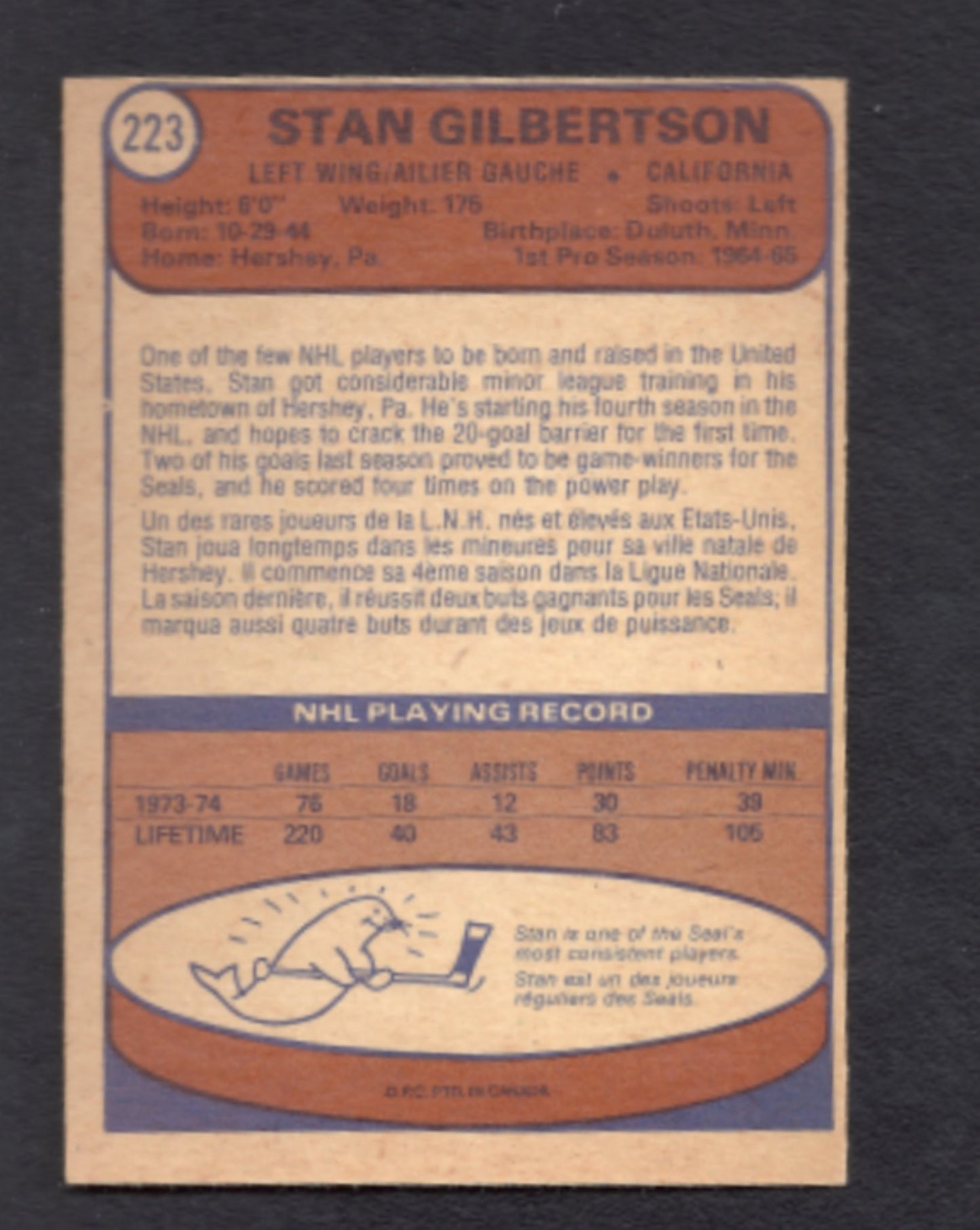 1974 - 1975 O - Pee - Chee Stan Gilbertson California Golden Seals Hockey Card #223