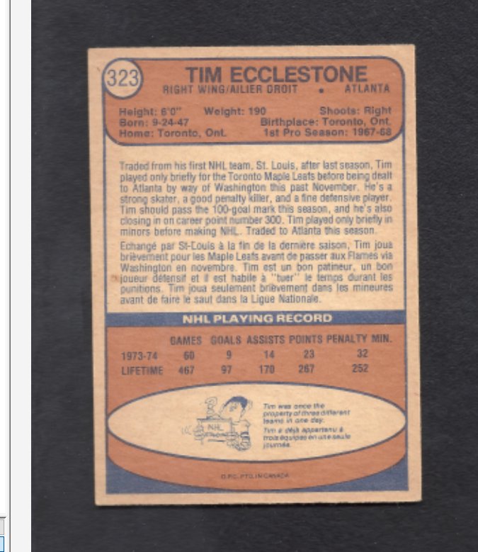 1974 - 1975 O - Pee - Chee Tim Ecclestone Toronto Maple Leafs Hockey Card #323