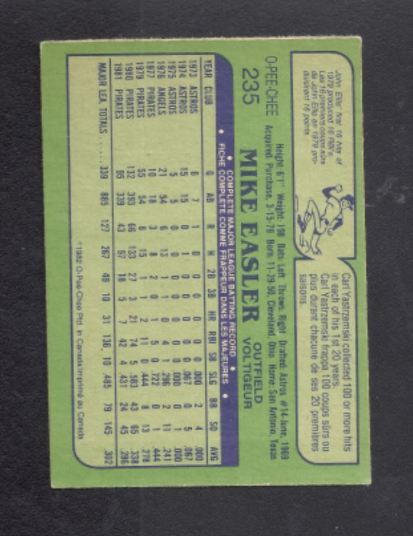 1982 Mike Easler O - Pee - Chee #235 Pittsburgh Pirates Baseball Card
