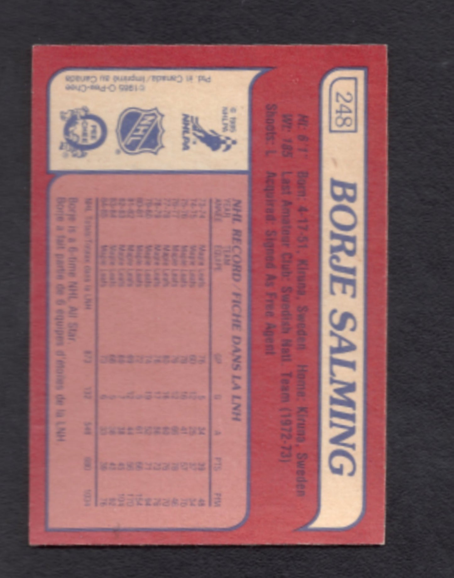 1985 - 1986 O - Pee - Chee Borje Salming Toronto Maple Leafs Hockey Card #248