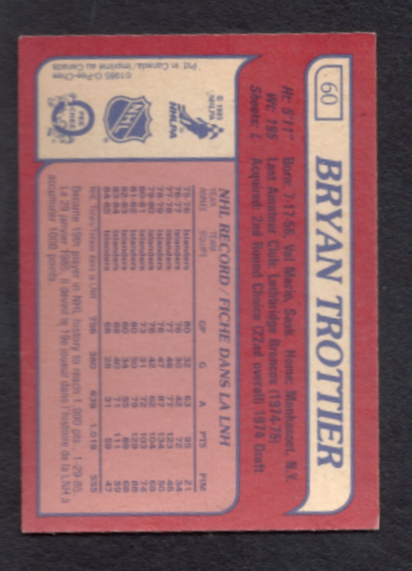 1985 - 1986 O - Pee - Chee Bryan Trottier New York Islanders Hockey Card #60