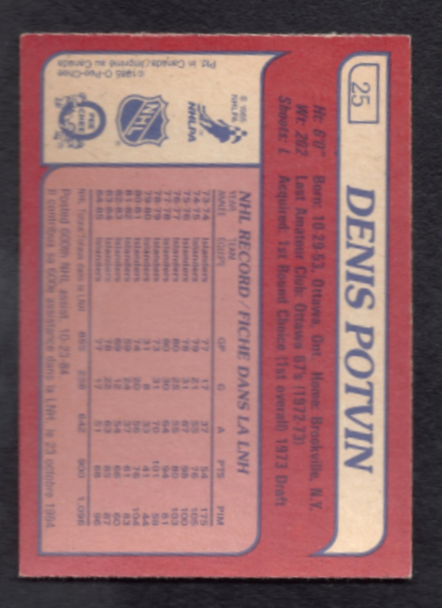 1985 - 1986 O - Pee - Chee Denis Potvin New York Islanders Hockey Card #25
