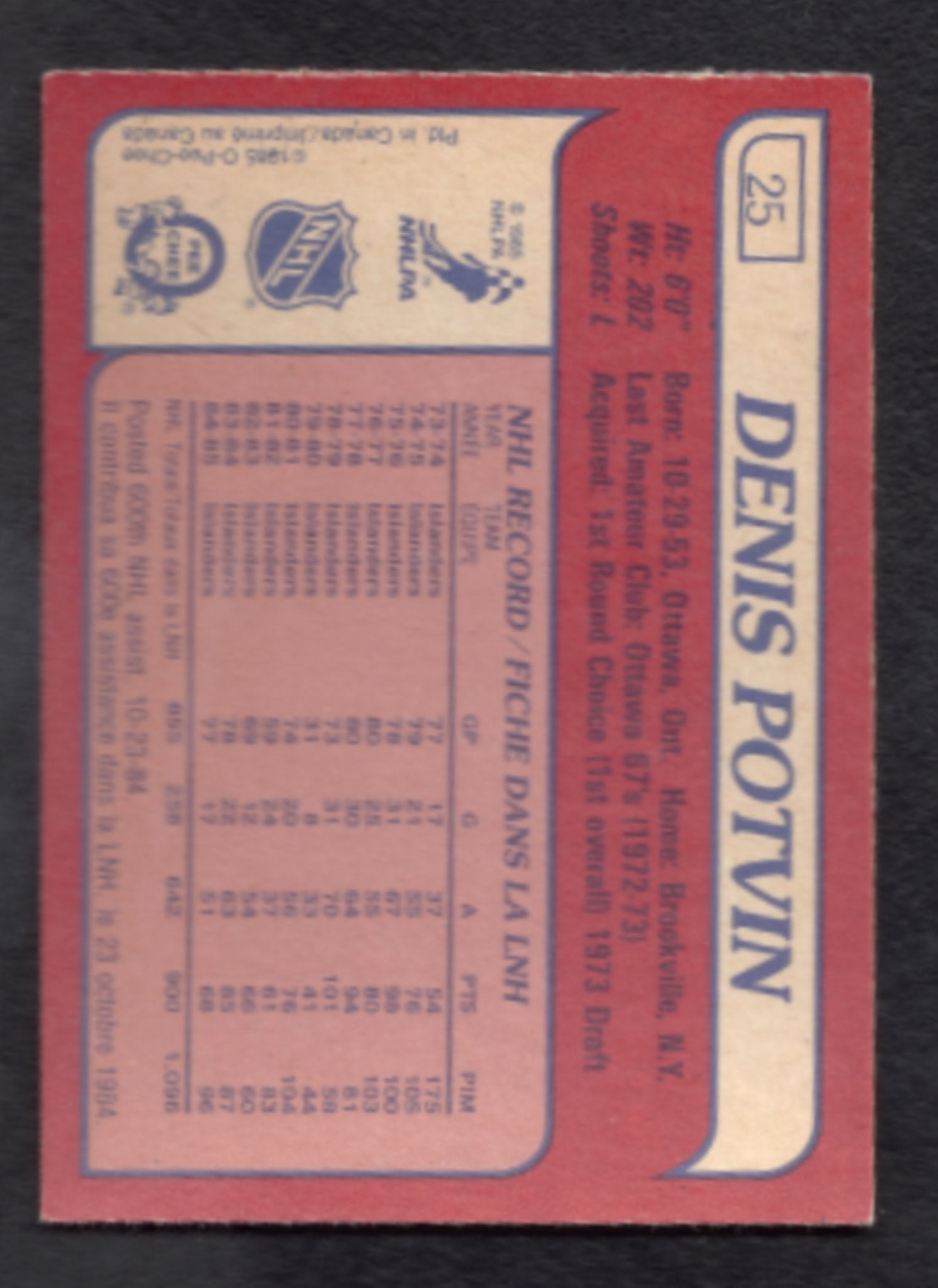 1985 - 1986 O - Pee - Chee Denis Potvin New York Islanders Hockey Card #25