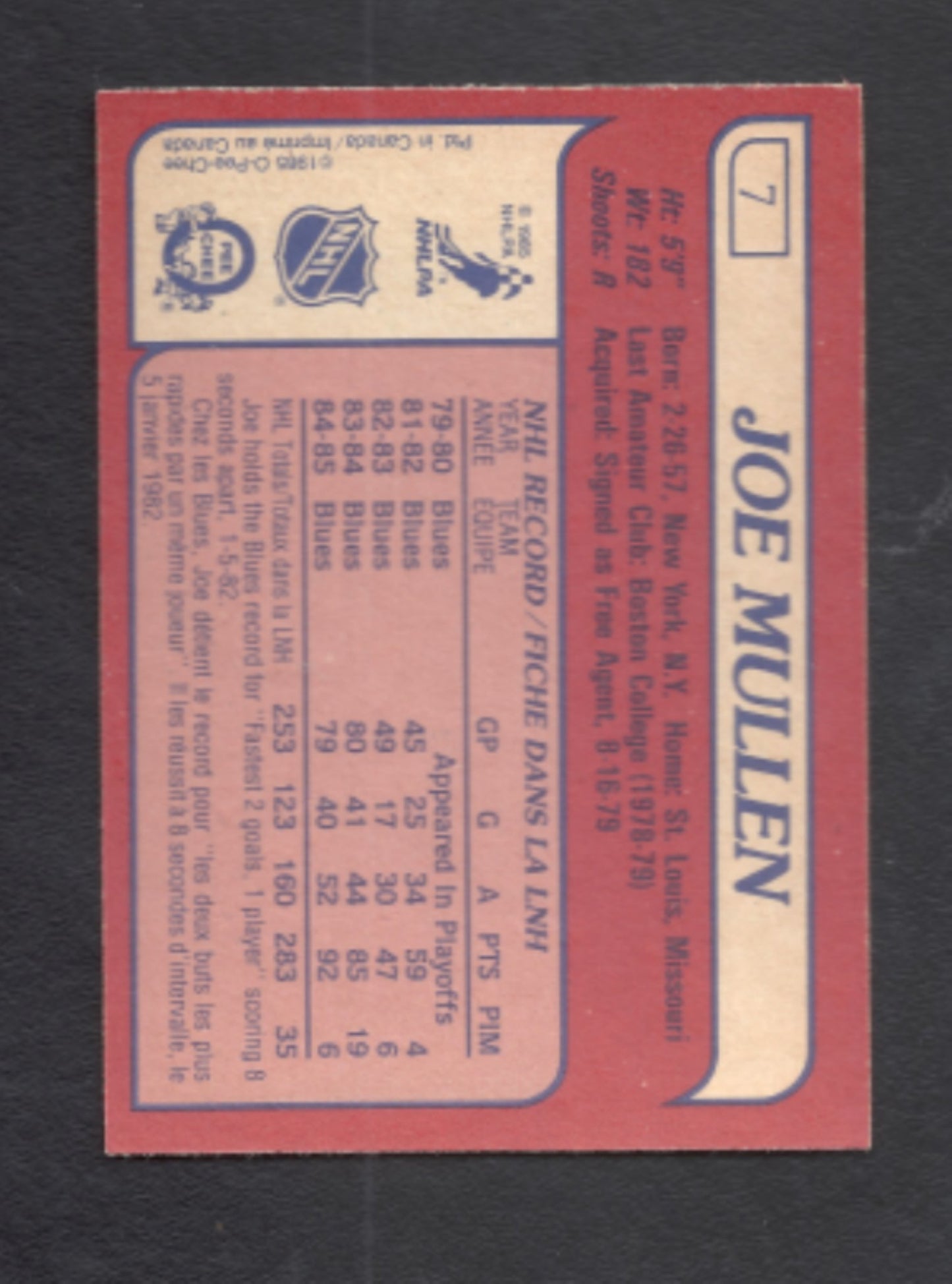 1985 - 1986 O - Pee - Chee Joe Mullen St. Louis Blues Hockey Card #7