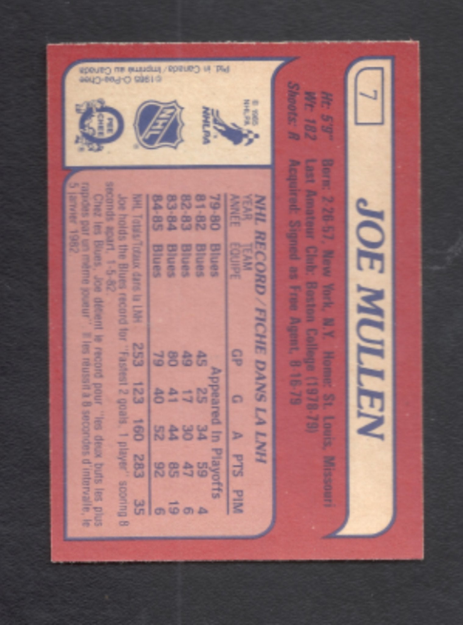 1985 - 1986 O - Pee - Chee Joe Mullen St. Louis Blues Hockey Card #7