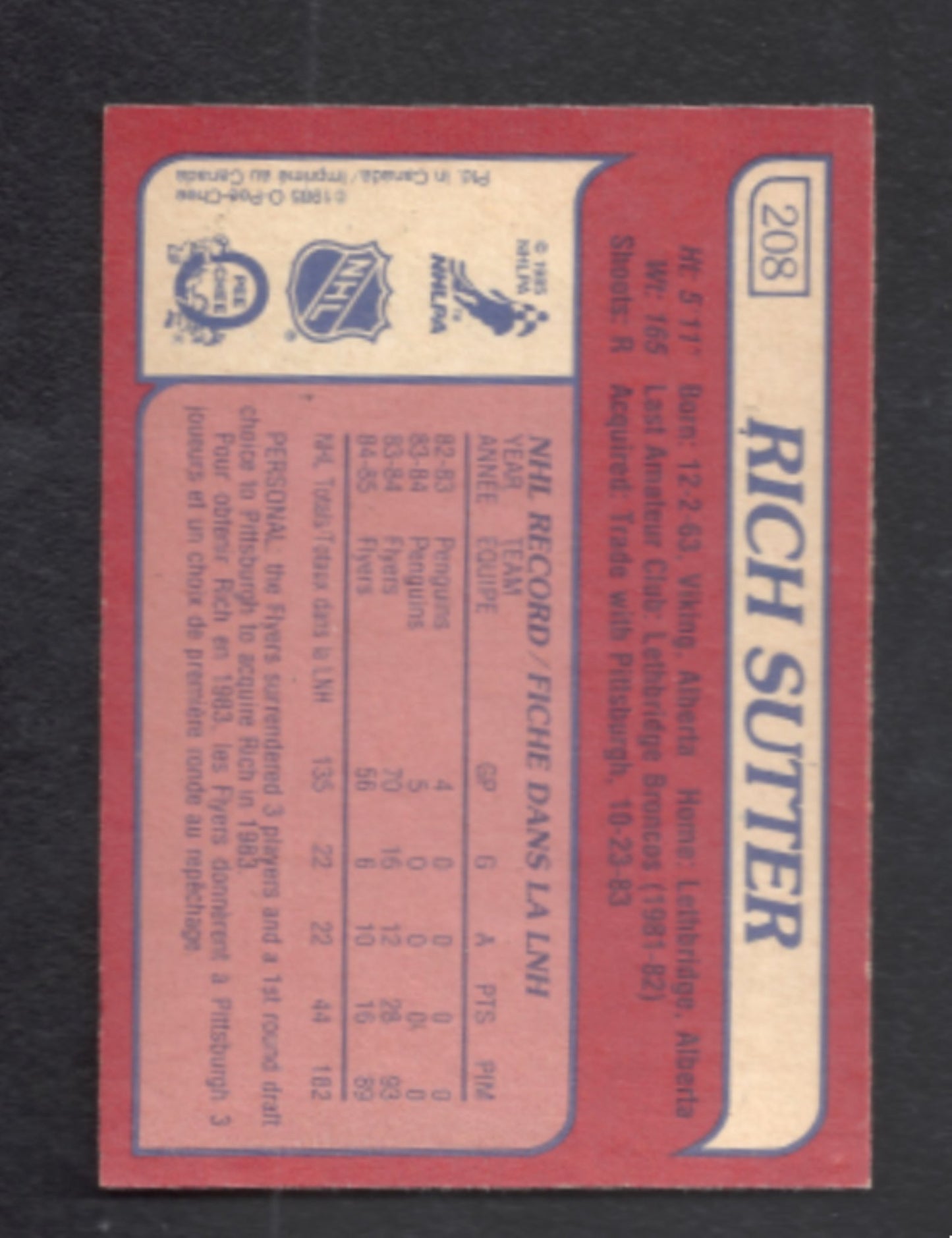1985 - 1986 O - Pee - Chee Rich Sutter Philadelphia Flyers Hockey Card #208