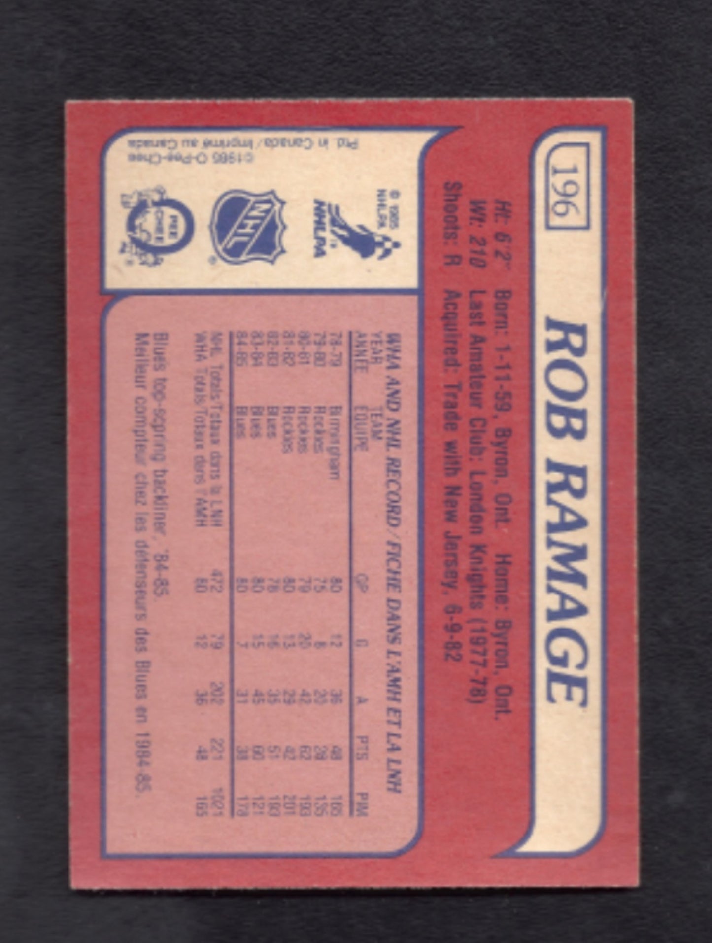 1985 - 1986 O - Pee - Chee Rob Ramage St. Louis Blues Hockey Card #196