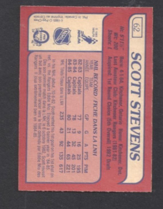 1985 - 1986 O - Pee - Chee Scott Stevens Washington Capitals Hockey Card #62