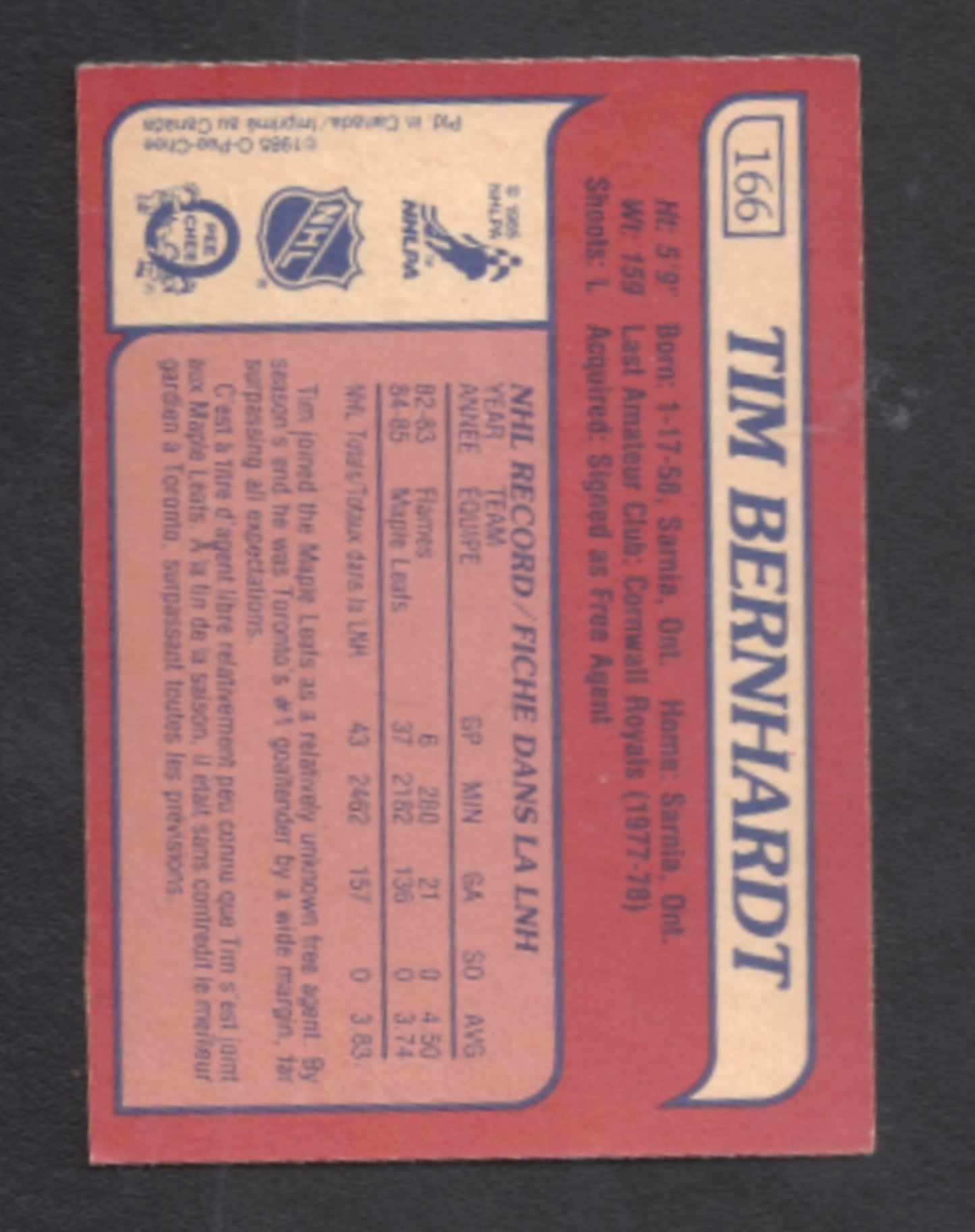 1985 - 1986 O - Pee - Chee Tim Bernhardt Toronto Maple Leafs Hockey Card #166