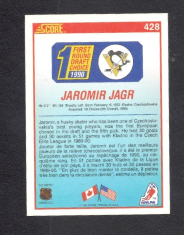 1991 - 92 Score Canadian Jaromir Jagr Pittsburgh Penguins Rookie Card #428