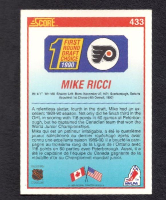 1991 - 92 Score Canadian Mike Ricci Philadelphia Flyers Rookie Card #433