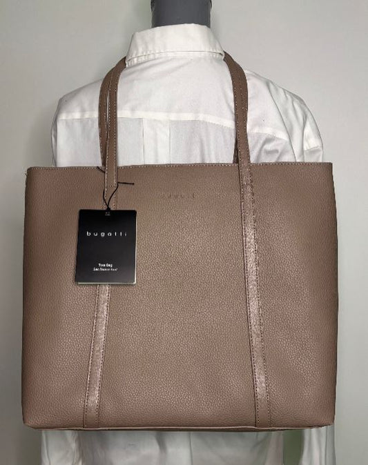 Brown tote bag with a tag on a mannequin against a plain background