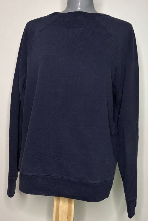 Navy blue sweatshirt on a mannequin against a white background