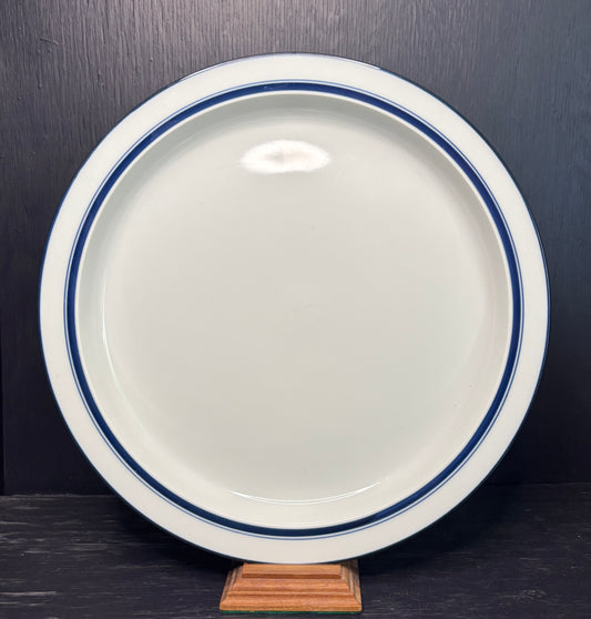 White plate with blue rim on a wooden stand against a dark background