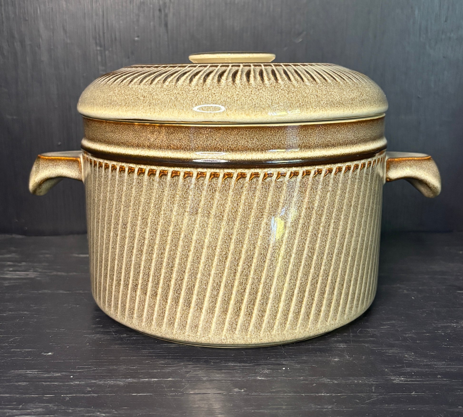Decorative ceramic pot with ribbed design and lid on a dark surface