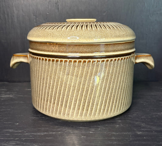 Decorative ceramic pot with ribbed design and lid on a dark surface