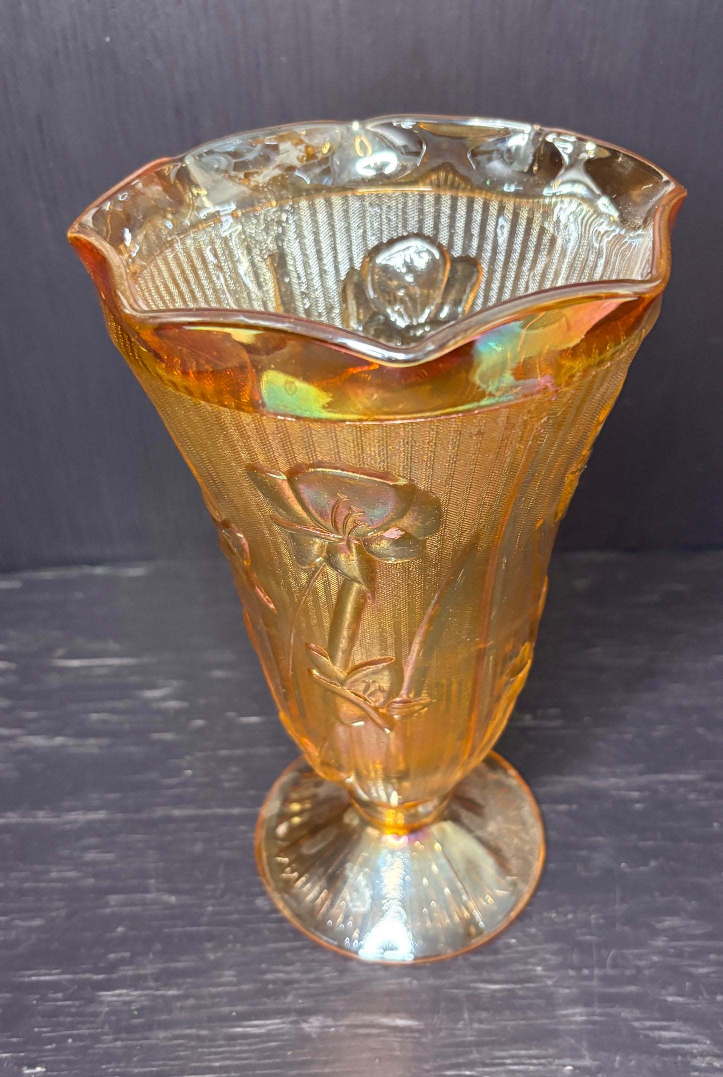 Jeannette Glass Iris and Herringbone Marigold Carnival Glass Vase