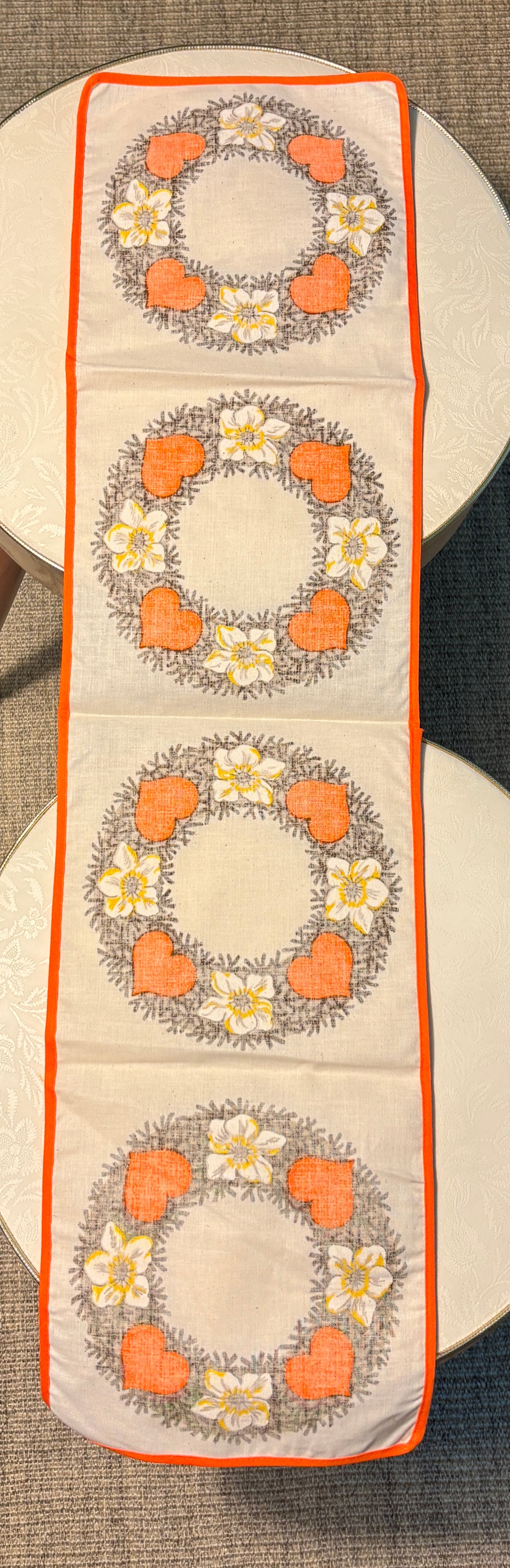 Orange Heart and Wreath Theme Vintage Table Runner