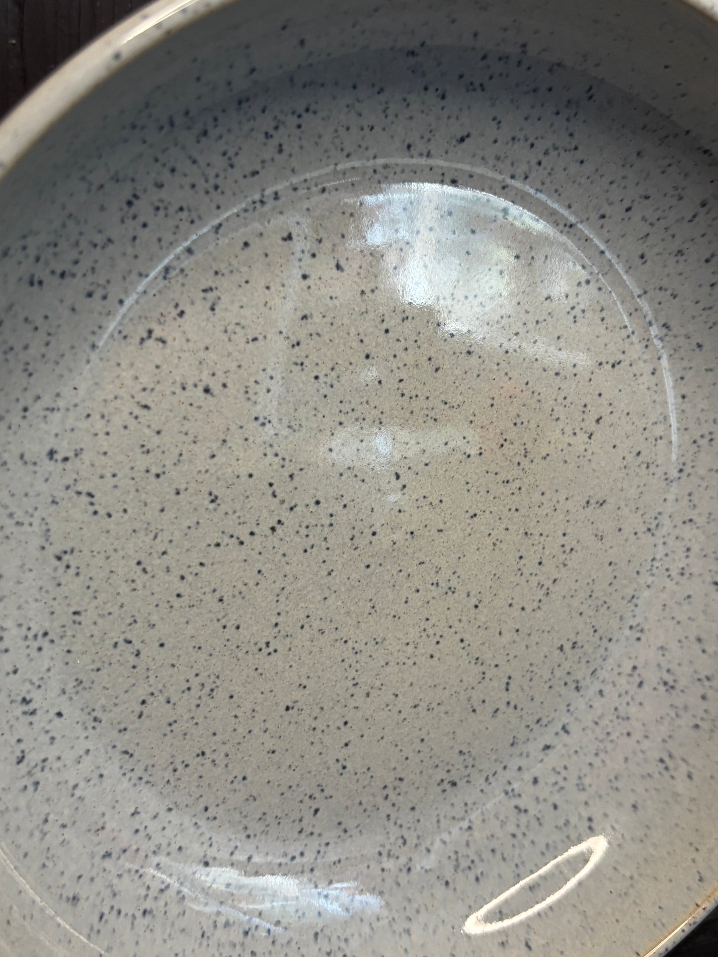 Speckled gray frying pan with oil sheen