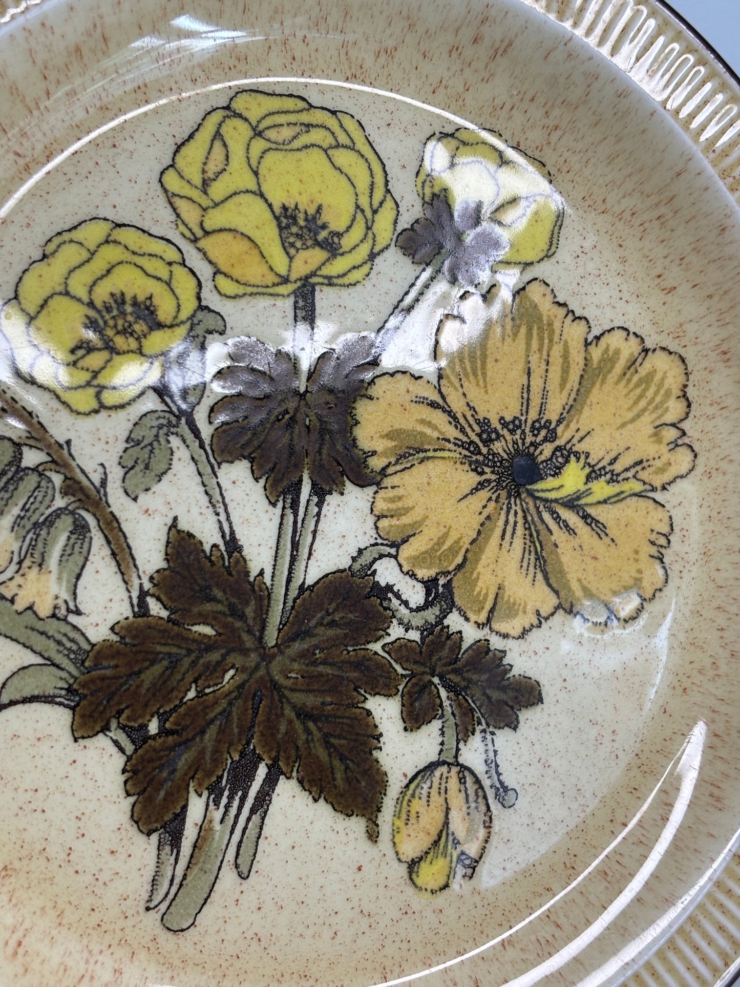 Decorative plate with floral design featuring yellow flowers and brown leaves on a beige background.