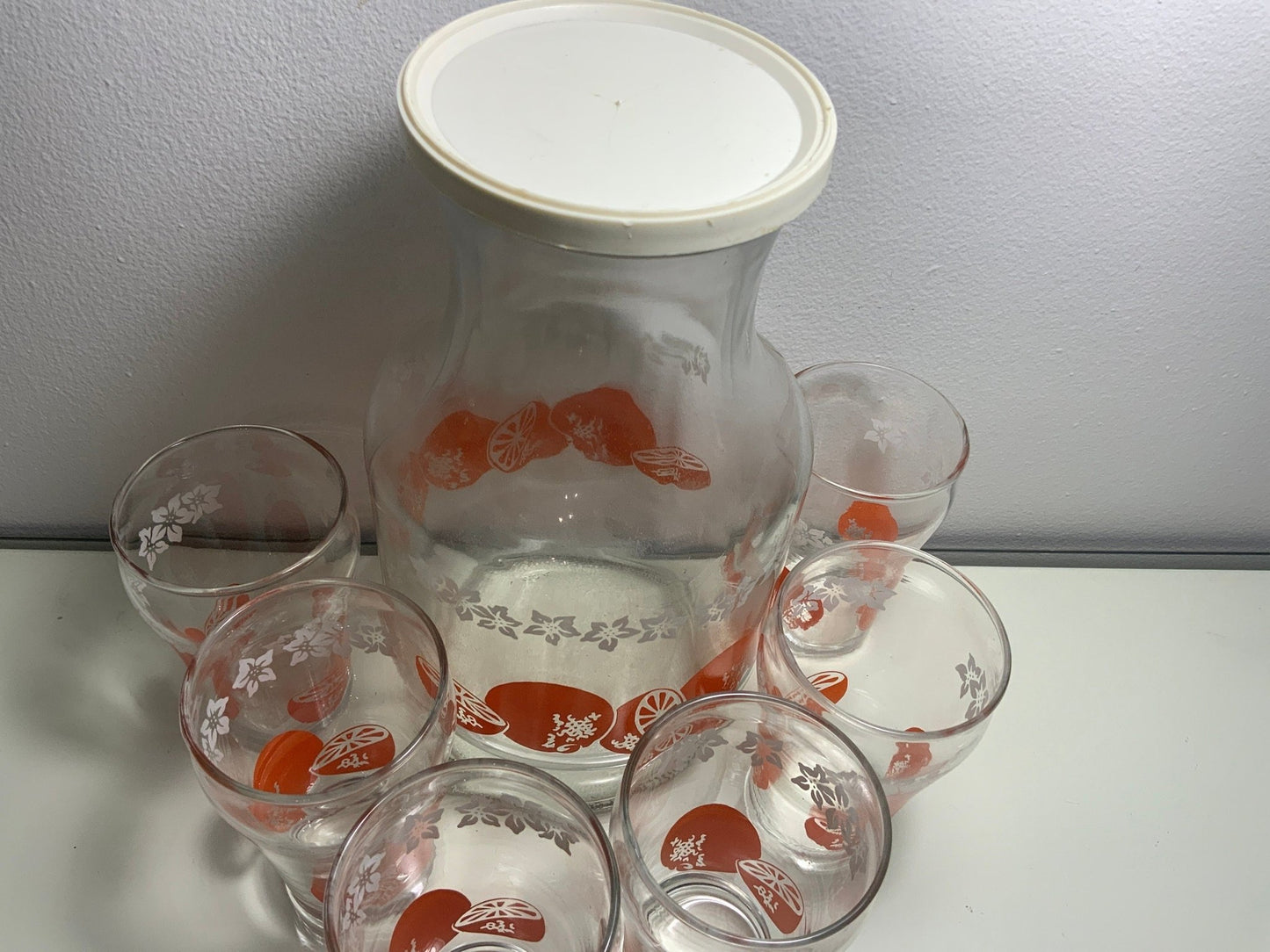 Anchor Hocking Orange Blossom Pitcher and Glasses