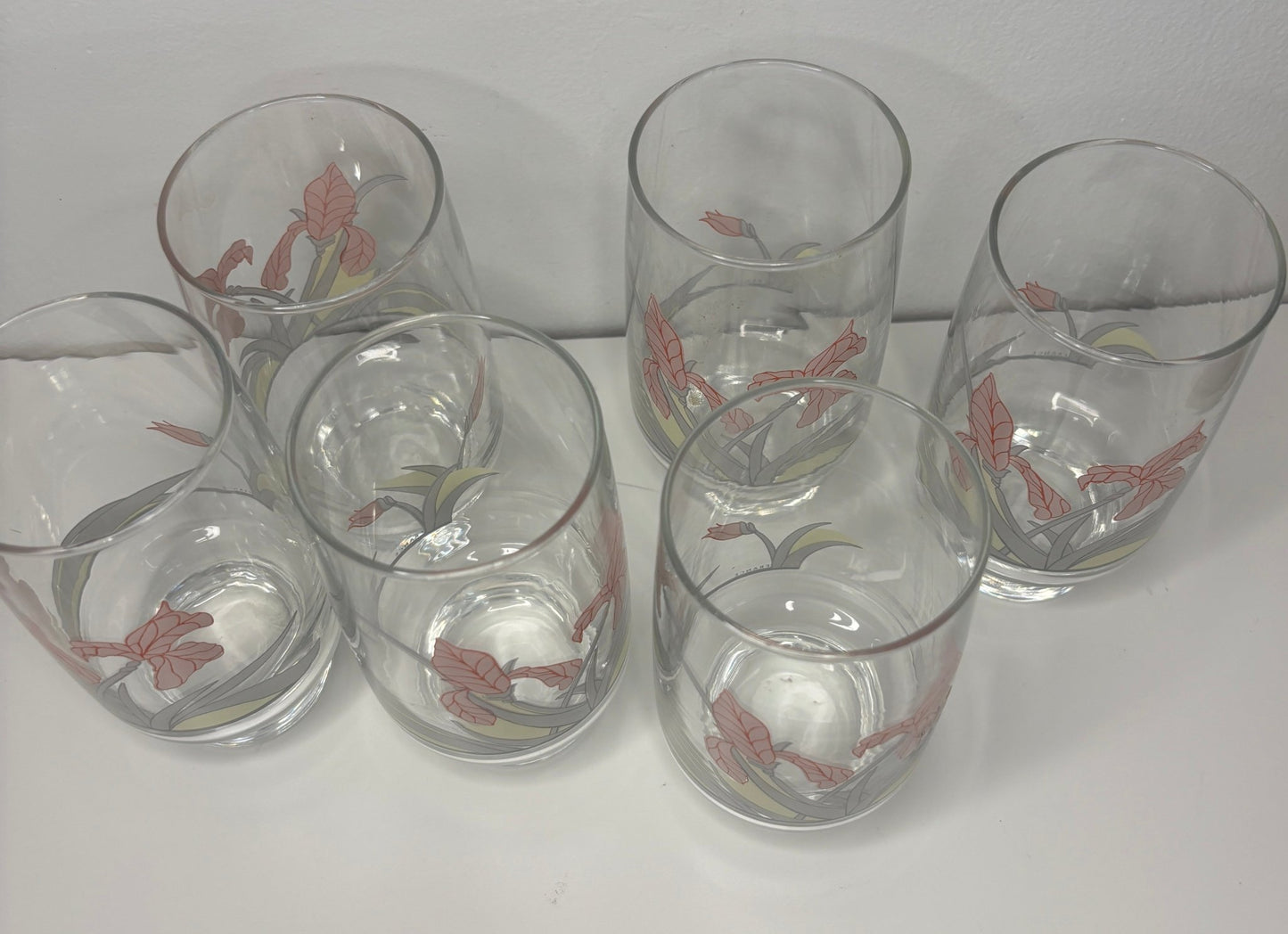 Set of six clear glasses with red dragonfly designs on a white background