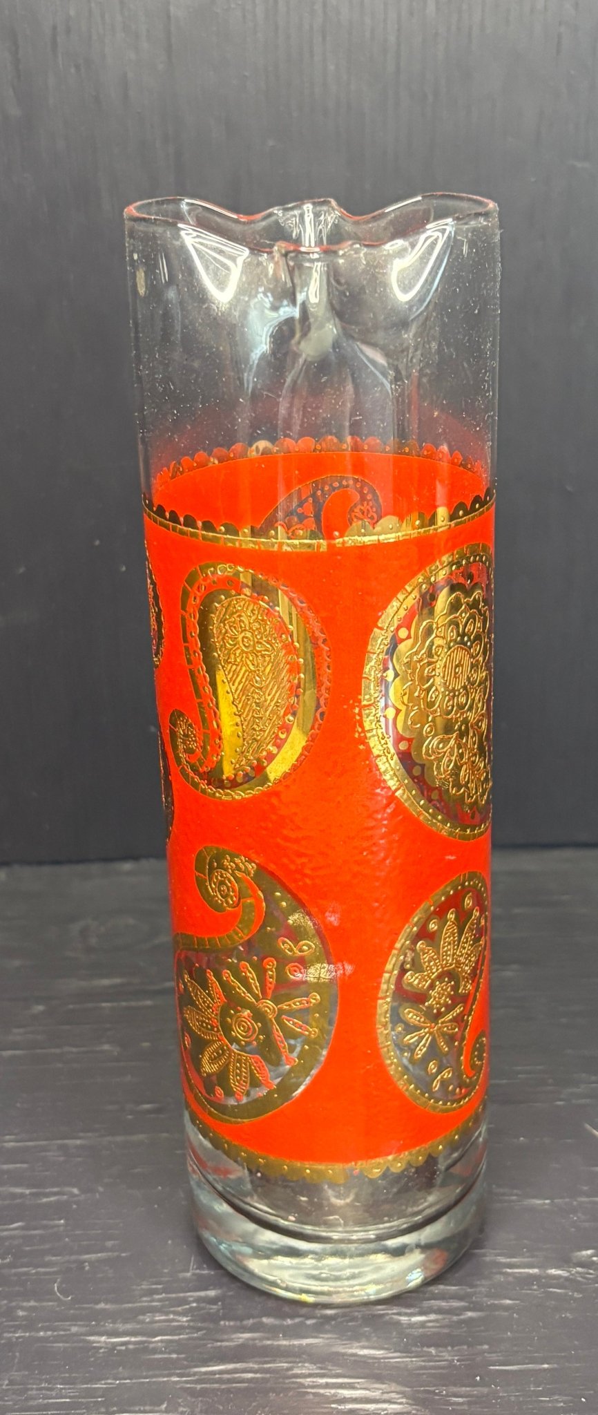 Culver Regency Gold and Red Thin Decanter with gold leaf paisley design