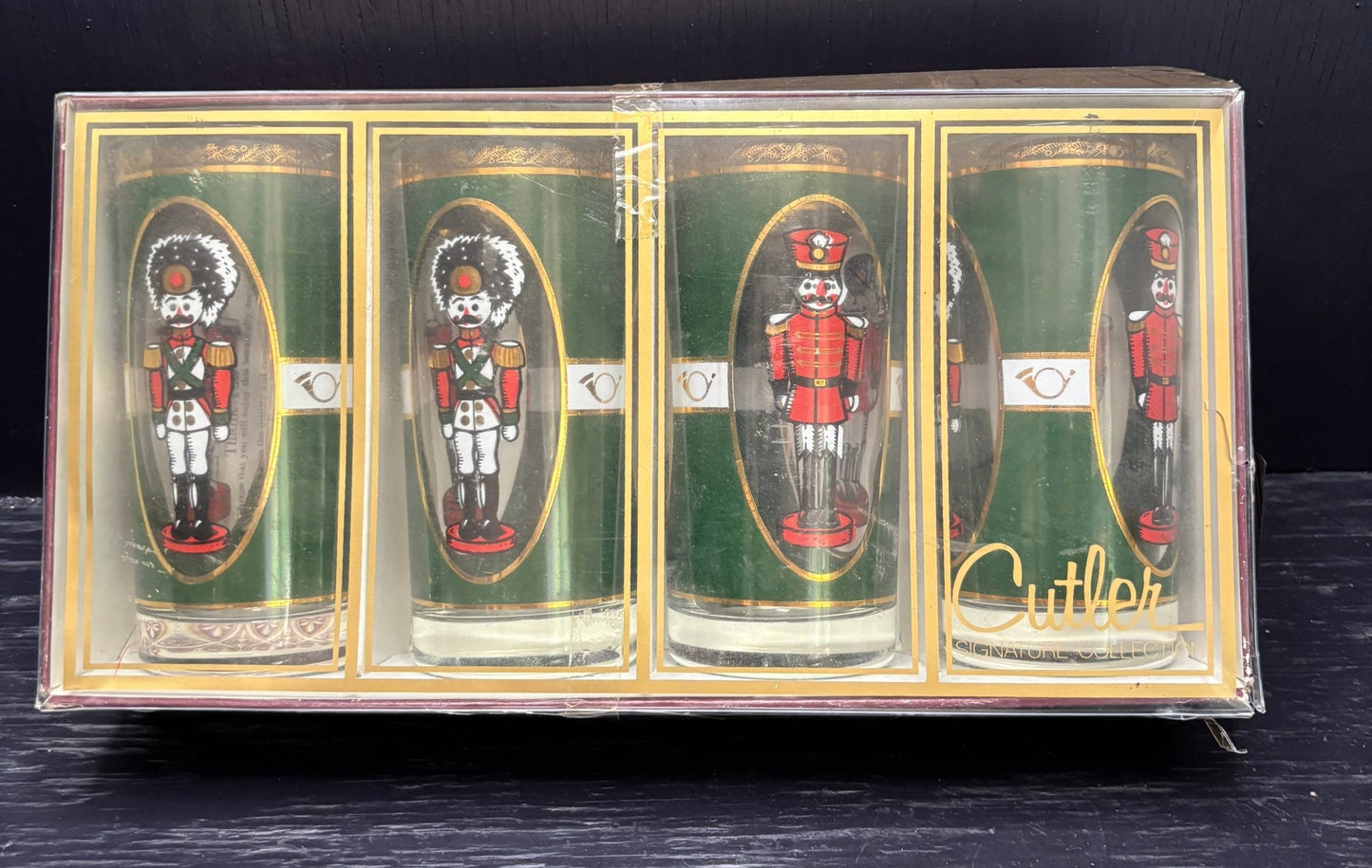 Set of four Cutler glass tumblers with nutcracker design in packaging