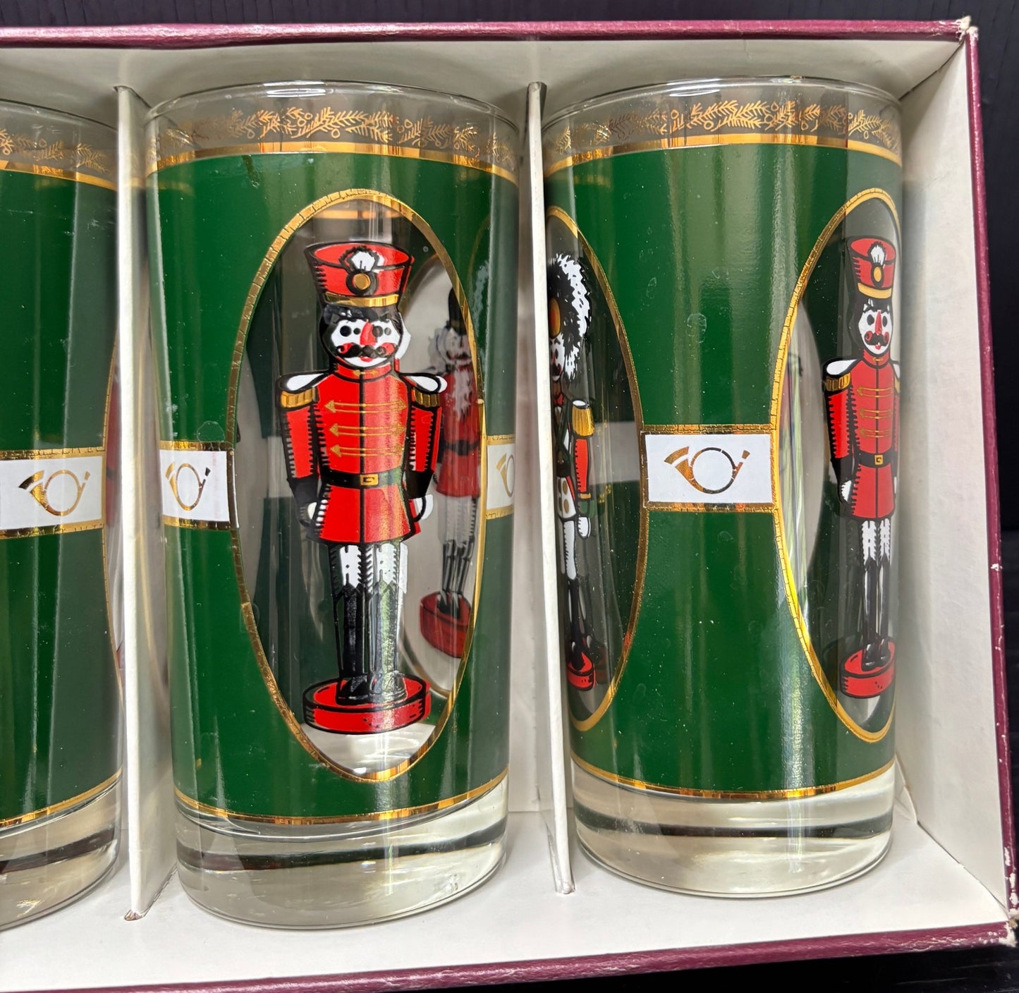 Set of three glass tumblers with nutcracker design in a box