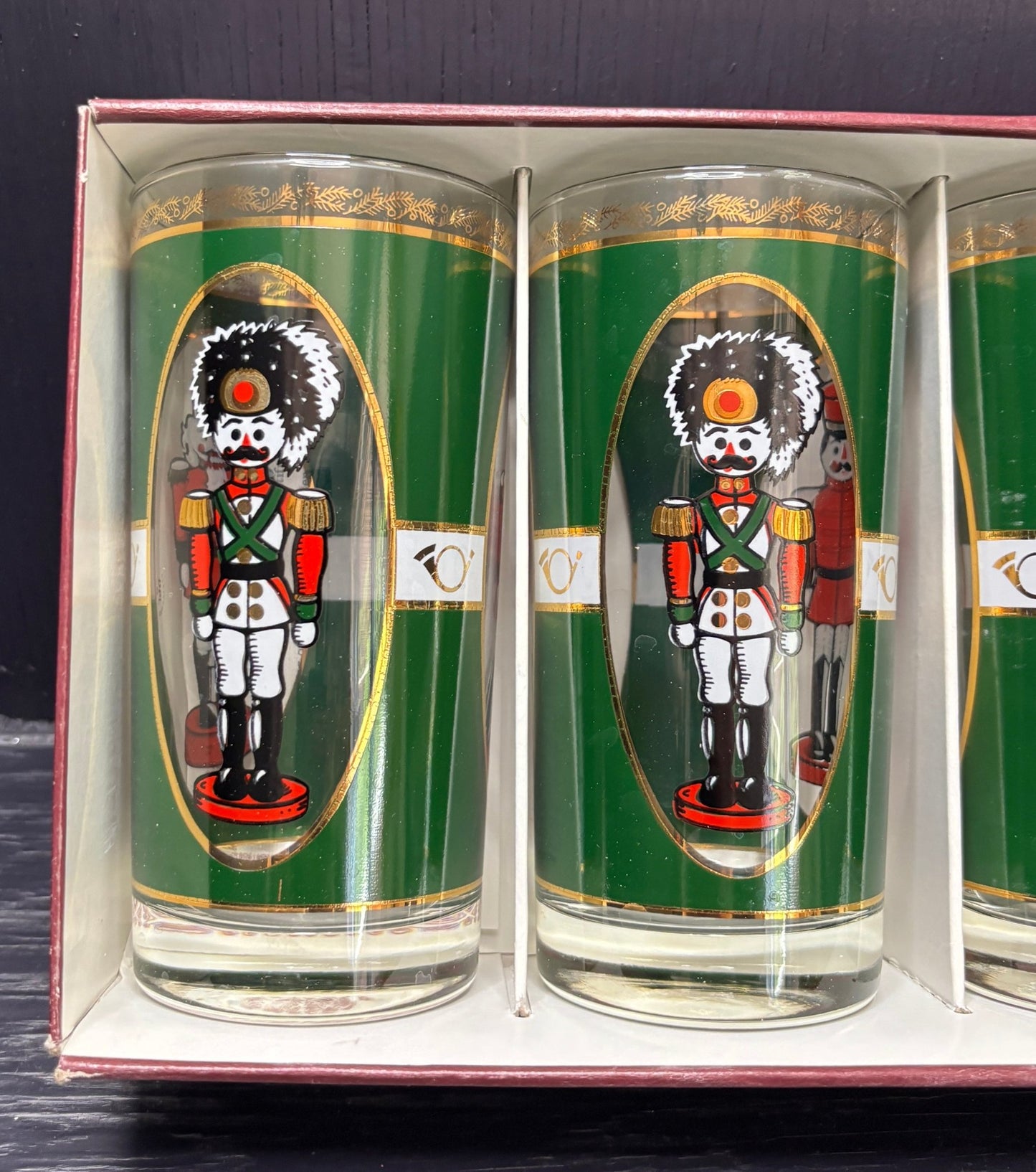 Set of three glass tumblers with nutcracker design in a box