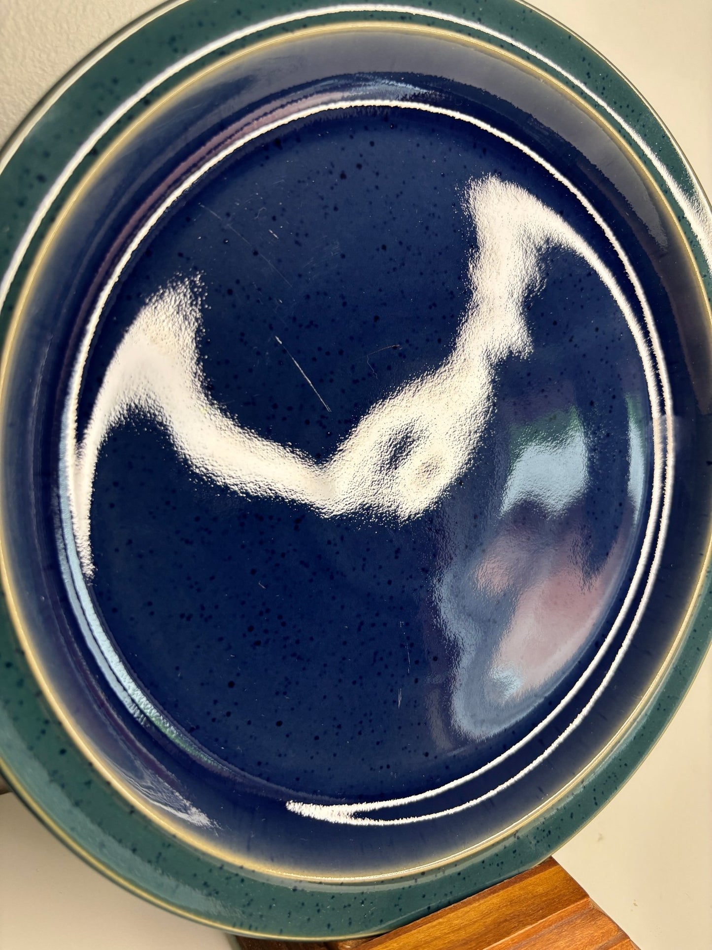 Denby Harlequin Salad Plate with blue base and green trim