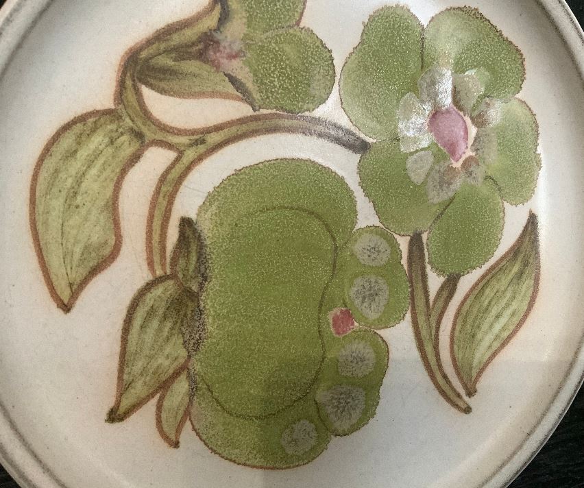 Denby Troubadour Salad Plate with images of green flowers and stems and vines