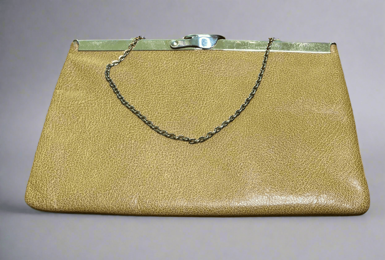 Etra Light Brown Leather Lift Clasp Vintage Clutch Purse
