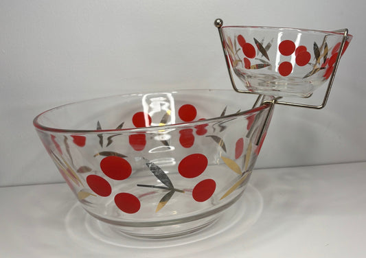 Federal Glass Cherry Gold Leaf Vintage Chip and Dip Bowls
