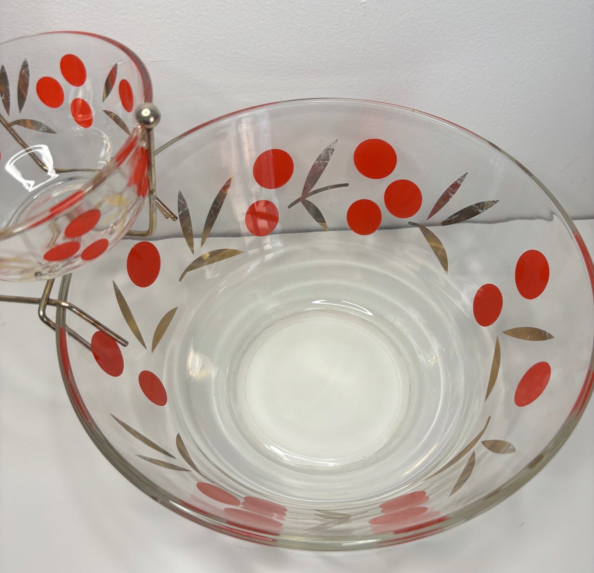 Federal Glass Cherry Gold Leaf Vintage Chip and Dip Bowls