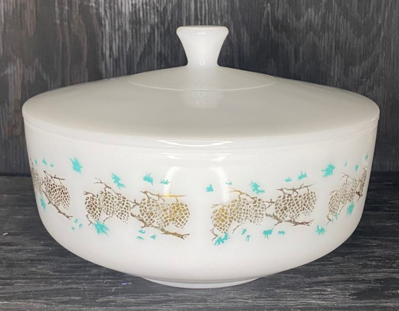 Federal Glass Gold Turquoise 9 Inch Casserole Serving Bowl with Lid