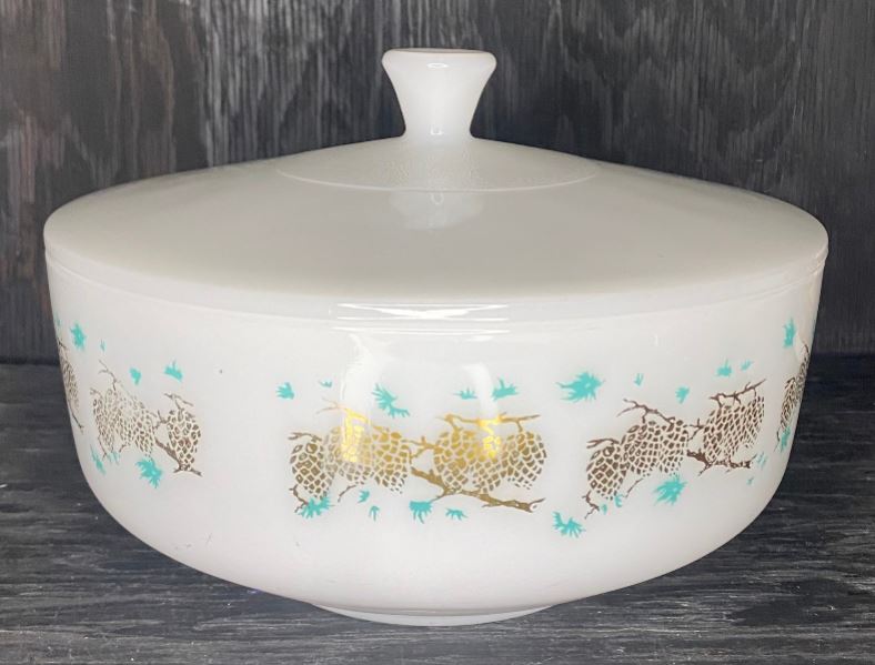 Federal Glass Gold Turquoise 9 Inch Casserole Serving Bowl