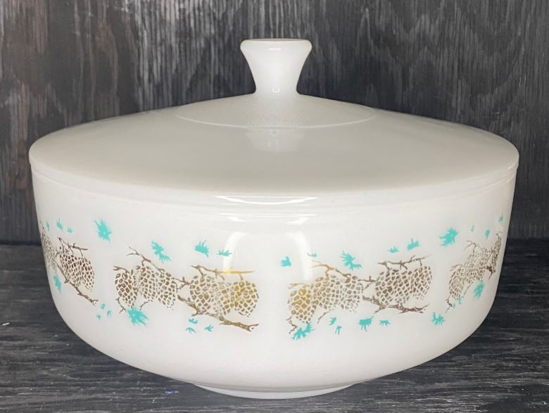 Federal Glass Gold Turquoise 9 Inch Casserole Serving Bowl with Lid