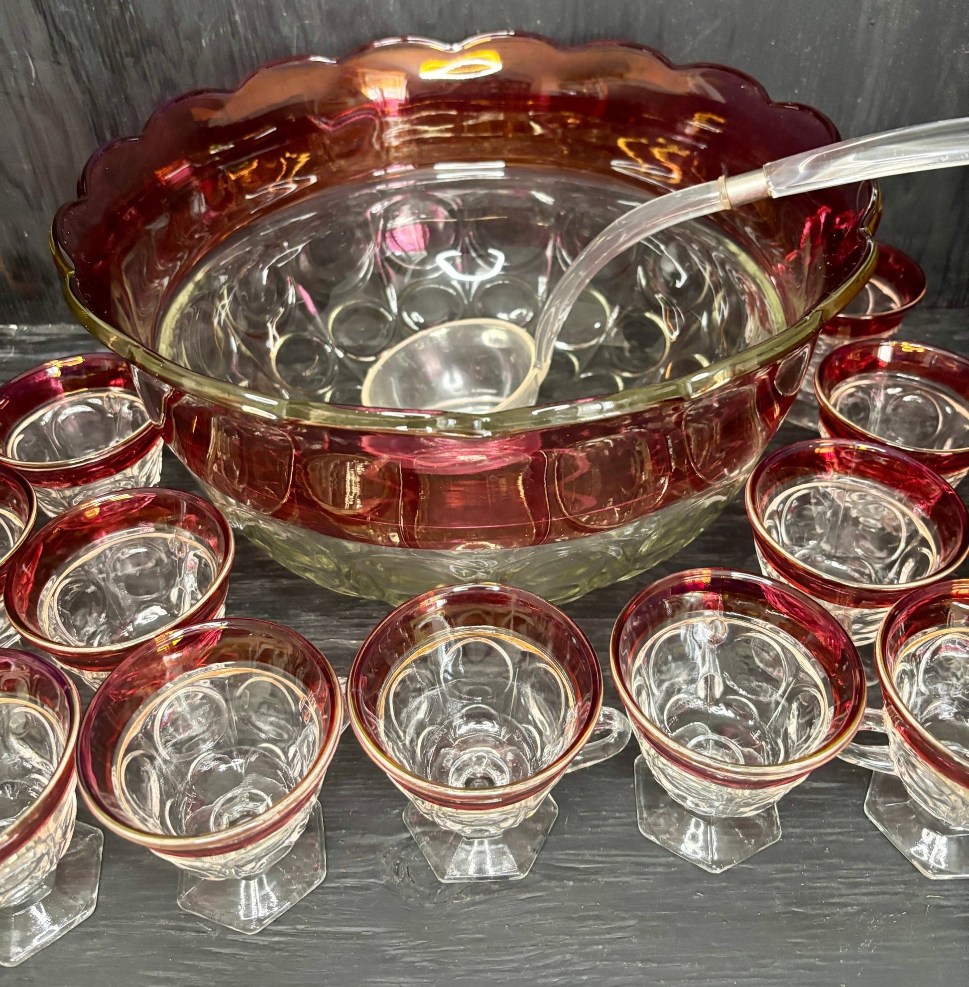 Indiana Glass Ruby Red Glass Punch Bowl Set